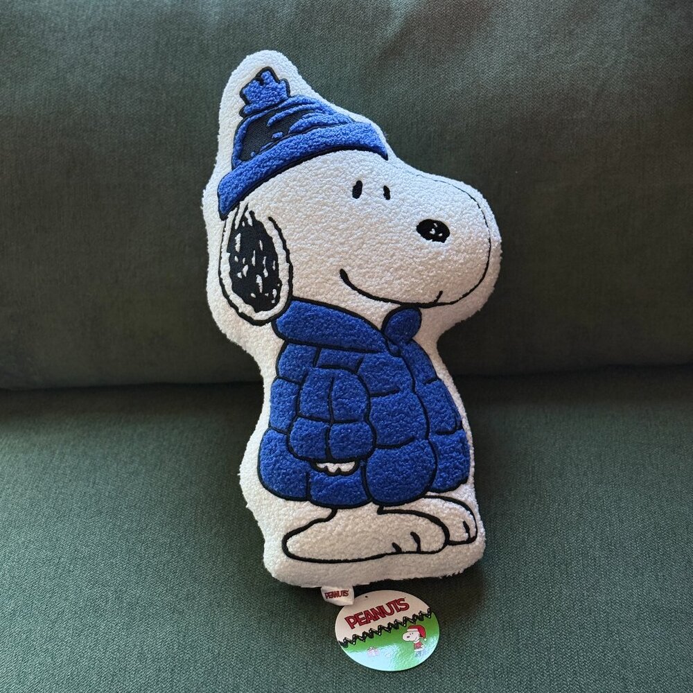 Snoopy Winter Sherpa Pillow | Peanuts Decor | Snoopy in a blue puffer jacket